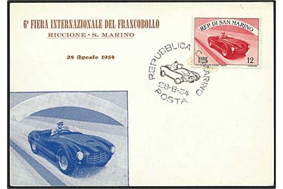 12 l. sportsvogn på maxikort stemplet S. Marino d. 28.8.1954.