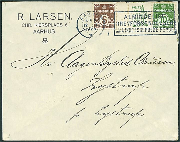 10 øre Bølgelinie og “Mohawk Dæk” Reklamemærke i parstykke, samt 5 øre Bølgelinie på brev fra Aarhus d. 12.10.1928 til Lystrup.