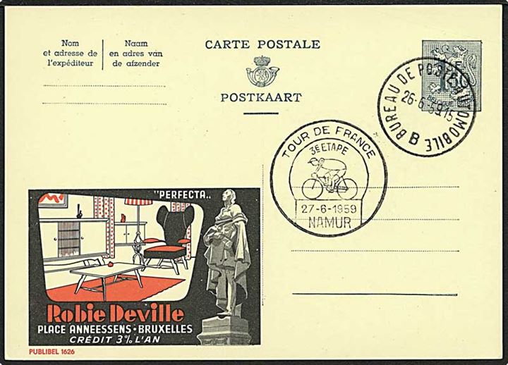 1,50 fr. illustreret helsagsbrevkort med reklamepåtryk Robbie Deville annulleret med Post-automobil stempel d. 26.6.1959 og med Tour de France sidestempel 3e Etape 27.6.1959 Namur