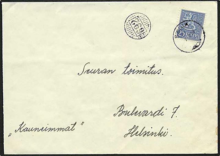 25 p. Løve udg. single på brev annulleret Säijä d. 7.2.1955 med landpost nr.stempel 692 til Helsinki.