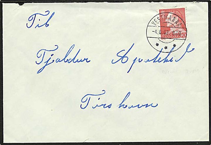 30 øre Fr. IX på brev stemplet Vestmanna d. 4.6.1962 til Tórshavn.