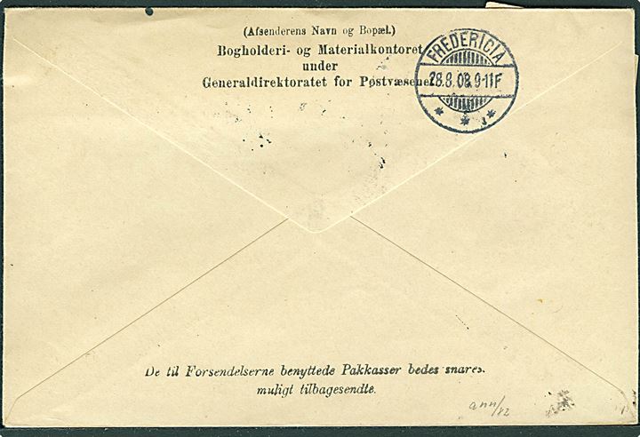 100 øre Fr. VIII i vandret 6-stribe på adressebrev for 3 pakker fra Kjøbenhavn d. 28.8.1908 til Fredericia.