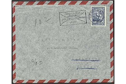 50 øre Søofficersskolen single på luftpostbrev fra København d. 6.8.1951 til Amsterdam, Holland.