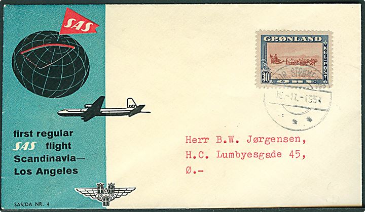 30 øre Amerikaner udg. single på SAS første flyvnings-kuvert fra Sdr. Strømfjord d. 18.11.1954 til København. Korrekt porto. 