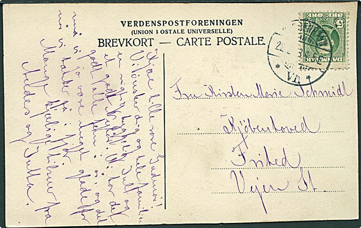 5 øre Fr. VIII single på landsporto frankeret brevkort fra Kjøbenhavn d. 22.2.1908 til Kjøbenhoved, Frihed pr. Vejen St. Meget usædvanlig forsendelse til Kjøbenhoved i Nordslesvig aflagt ved den lille grænseovergang Frihed ved Kongeåen.