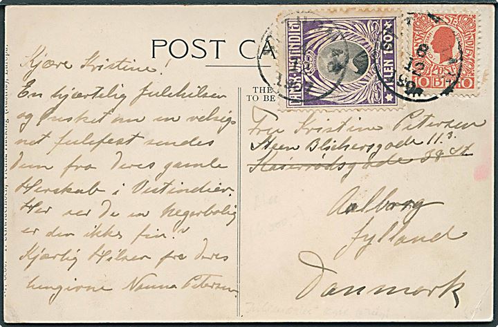 10 bit Chr. IX og Julemærke 1907 på brevkort (Brafit’s House - Native hut) stemplet St. Thomas d. 8.12.1907 til Aalborg, Danmark - eftersendt.