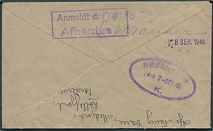 50 øre Chr. X single på anbefalet brev fra Kollefjord med britisk fremstillet rec.-etiket Thorshavn d. 1.9.1945 til København. Ank.stemplet København d. 7.9.1945.