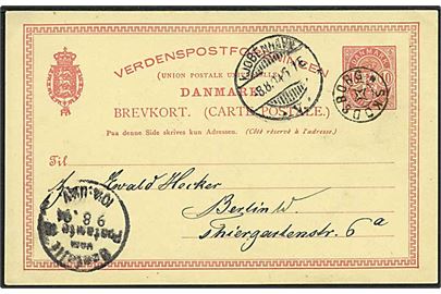 10 øre Våbentype helsagsbrevkort annulleret med stjernestempel SKODSBORG og sidestemplet Kjøbenhavn V. d. 8.8.1894 til Berlin, Tyskland.