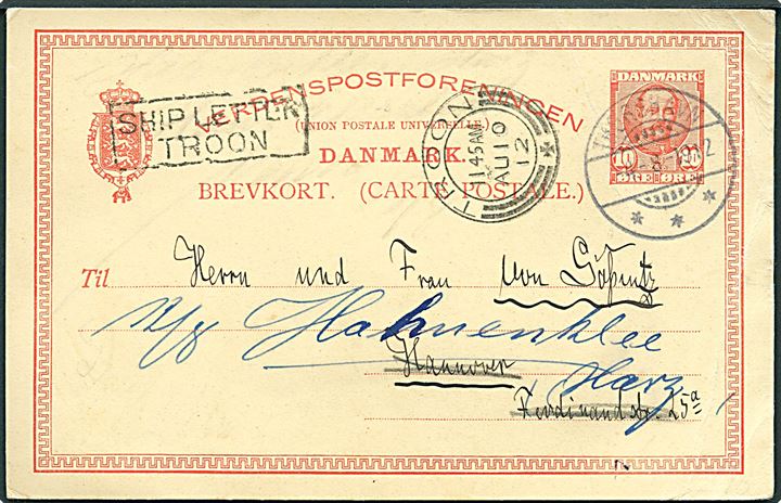 10 øre Fr. VIII helsagsbrevkort annulleret med brotype Ig Thorshavn d. 4.8.1912 med SHIP LETTER TROON og Troon d. 10.8.1912 til Hannover, Tyskland. Folder.