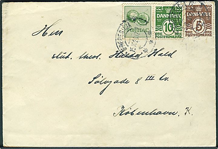 5 øre Bølgelinie, samt 10 øre Bølgelinie og “Pontiac” reklamemærke i sammentryk på brev fra Fredericia d. 15.10.1929 til København. 