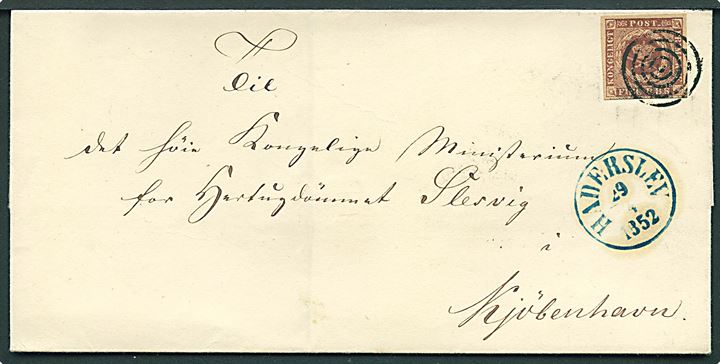 4 R.B.S. Ferslew med fuld rand på brev annulleret med stumt stempel og sidestemplet blålig antiqua Haderslev d. 29.4.1852 til Ministeriet for Hertugdømmet Slesvig i Kjøbenhavn. 