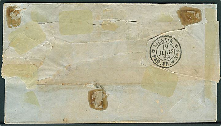 30 c. Napoleon III koloni udgave i 4-stribe på privat befordret 2. vægtkl. brev fra New York annulleret med konsulat stempel La Havane d. 18.3.1869 via Ligne-B Paq. Fr. No. 3 og St. Thomas d. 24.3.1869 til St. Croix. 4 cent DVI porto opkrævet af modtageren