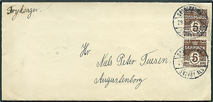 5 øre Bølgelinie i parstykke på tryksag annulleret med bureaustempel Sønderborg - Skovby Als T.14 d. 29.3.1926 til Augustenborg.