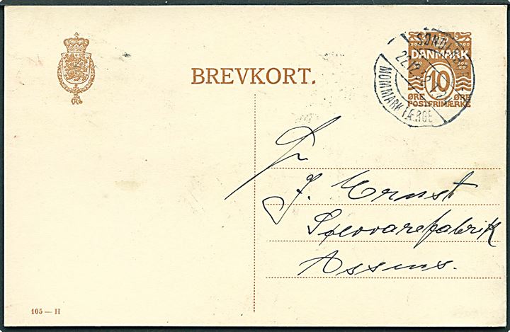 10 øre helsagsbrevkort (fabr. 105-H) dateret i Broager med bureaustempel Sønderborg - Mommark Færge T.24 d. 22.12.1932 til Assens.