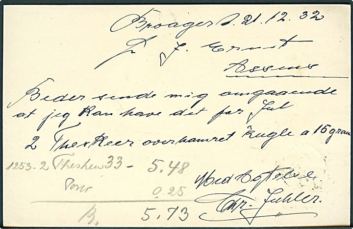 10 øre helsagsbrevkort (fabr. 105-H) dateret i Broager med bureaustempel Sønderborg - Mommark Færge T.24 d. 22.12.1932 til Assens.