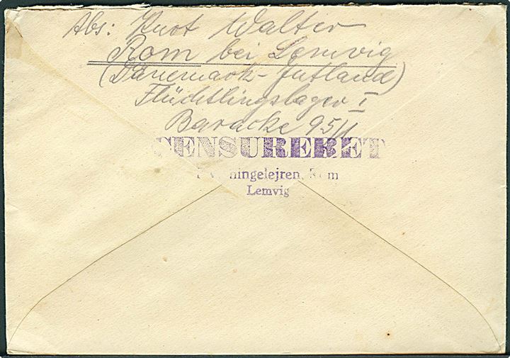 40 øre posthusfranko Esbjerg d. 14.8.1946 på brev fra Flüchtlingslager I i Rom til Hamburg, Tyskland. På bagsiden stemplet: Censureret / Flygtningelejren Rom, Lemvig.