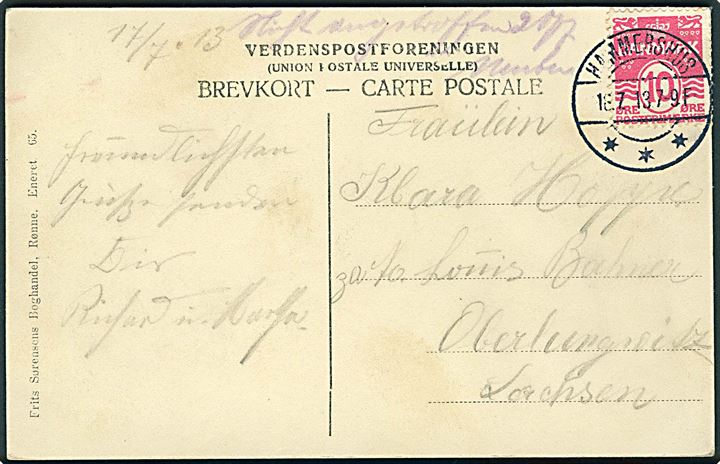 10 øre Bølgelinie på brevkort annulleret med retvendt brotype Ia Hammershus d. 18.7.1913 til Oberlungwitz, Sachsen, Tyskland. Hammershus var sommerpostkontor i 1913 og fik pr. 7.3.1914 navneændring til Sandvig.