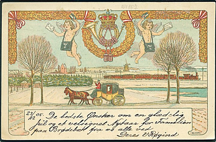 5 øre Chr. IX på Rasmus Christiansen 1905 Julemærke “helsags”-kort påsat yderligere et Julemærke 1905 fra Kjøbenhavn d. 23.12.1905 til Brødebæk pr. Rønnede.