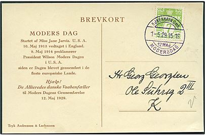 7 øre Bølgelinie på særligt Moders Dag brevkort tegnet af Thor Bøgelund sendt lokalt i København med violet særstempel København Omk. / 12 Maj / Modersdag d. 1.5.1929. 