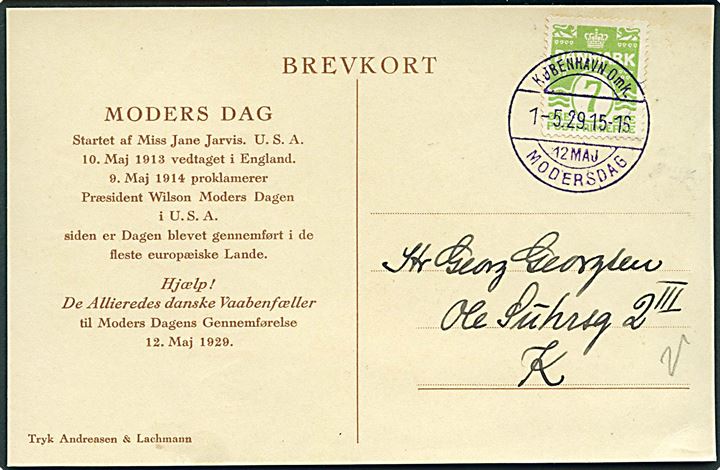 7 øre Bølgelinie på særligt Moders Dag brevkort tegnet af Thor Bøgelund sendt lokalt i København med violet særstempel København Omk. / 12 Maj / Modersdag d. 1.5.1929. 