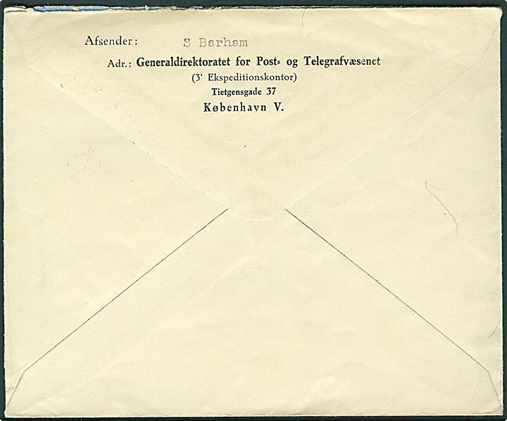 Ufrankeret fortrykt kuvert sendt fra interneret britisk statsborger S. Barham på St. Grundet ved Vejle og afstemplet ved Udlandspostkontrollen med brotype Vd København Omk sn18 d. 9.11.1943 til København. 