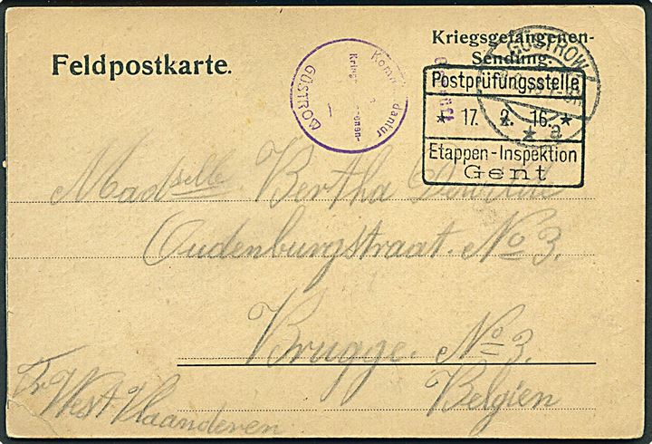Ufrankeret fortrykt krigsfangebrevkort fra belgisk fange i Tinglev d. 24.1.1916 censureret og udstendt fra hovedlejr i Güstrow d. 3.2.1916 til Brugge i tysk besat Belgien.