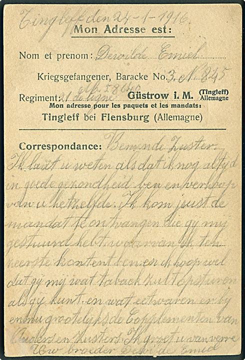 Ufrankeret fortrykt krigsfangebrevkort fra belgisk fange i Tinglev d. 24.1.1916 censureret og udstendt fra hovedlejr i Güstrow d. 3.2.1916 til Brugge i tysk besat Belgien.