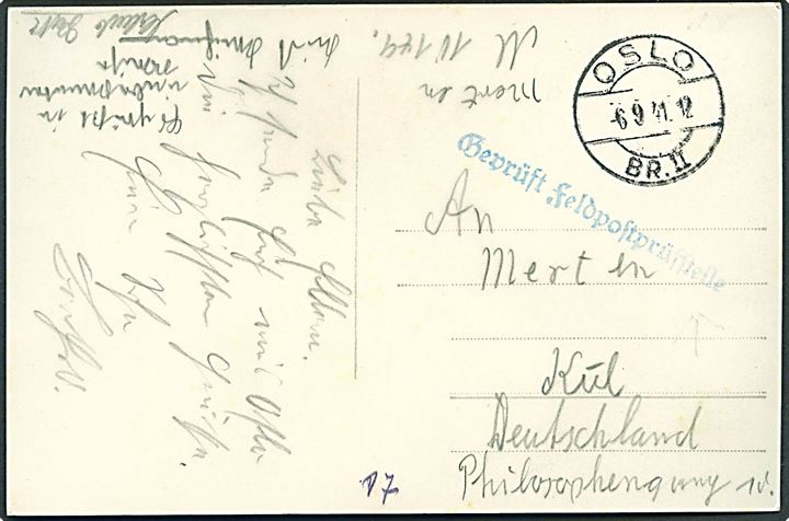 Ufrankeret brevkort (Oslo, Solli plass) sendt som tysk feltpost med norsk civilt stempel Oslo Br. d. 6.9.1941 til Kiel, Tyskland. Blå censur: Geprüft Feldpostprüfstelle. Fra Feldpost M10149 = Krydseren “Admiral Scheer” som var i Oslo i dagene 4.-8.9.1941. 