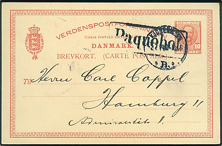 10 øre Fr. VIII helsagsbrevkort dateret Thorshavn d. 27.6.1914 annulleret Kjøbenhavn d. 2.7.1914 og side-stemplet “Paquebot” til Hamburg, Tyskland. 