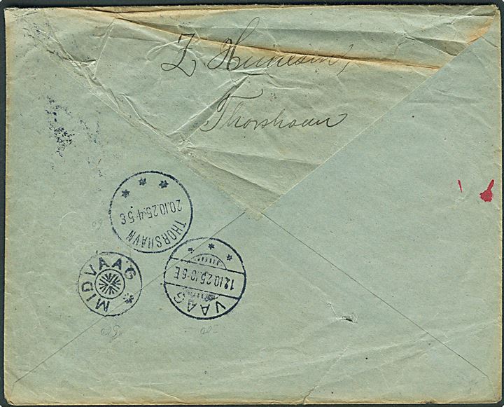 10 øre Bølgelinie i parstykke på brev fra Thorshavn d. 1.10.1925 til Vaag - eftersendt til Midvaag og returneret som ubekendt med stjernestempel MIDVAAG på både for- og bagside. Flere transitstempler fra Thorshavn og Vaag. 