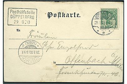 5 pfg. Germania på brevkort (Landkort over slaget ved Dybbøl 1864) annulleret Sonderburg d. 29.8.1900 og sidestemplet Posthülfstelle Dübbelberg d. 29.8.1900 til Offenbach, Tyskland. Daka: 1500,-
