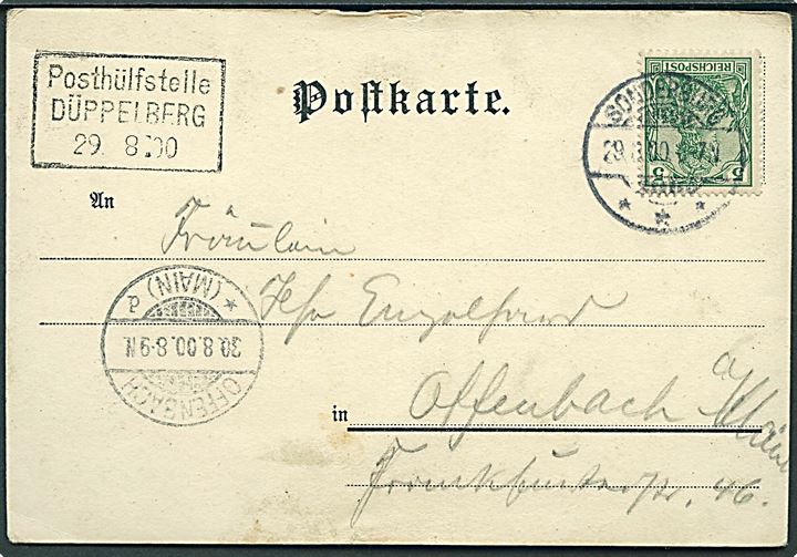 5 pfg. Germania på brevkort (Landkort over slaget ved Dybbøl 1864) annulleret Sonderburg d. 29.8.1900 og sidestemplet Posthülfstelle Dübbelberg d. 29.8.1900 til Offenbach, Tyskland. Daka: 1500,-