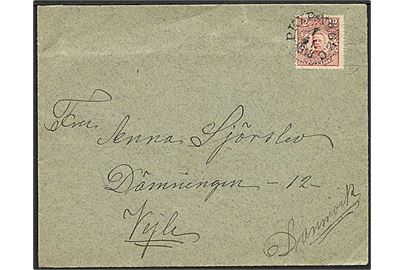 12 öre Gustaf single på brev annulleret med svagt Västerås stempel og igen med bureaustempel PKXP No. 262C d. 7.11.1918 til Vejle, Danmark.