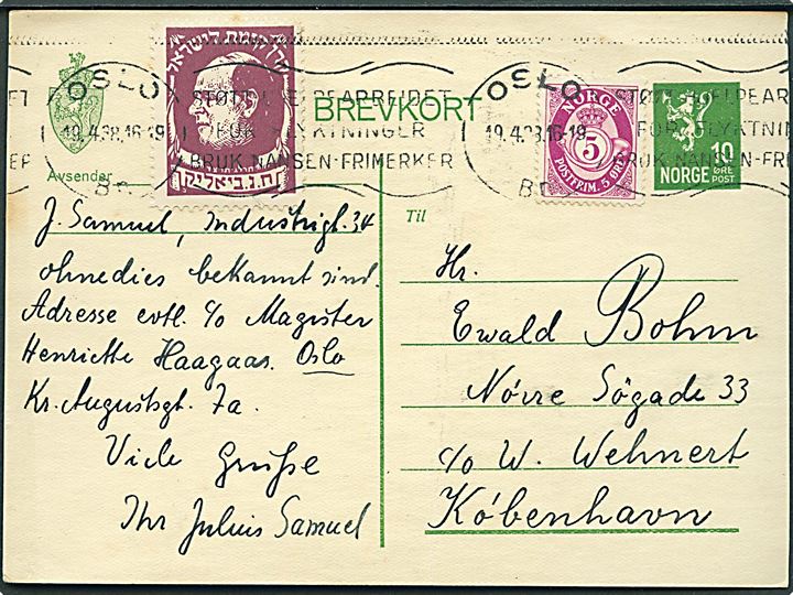 10 øre Helsagsbrevkort med 5 øre Posthorn og brun JNF (Jewish National Fund) Chaim Bialik mærkat fra Oslo d. 19.4.1938 til København, Danmark. Lodret fold.