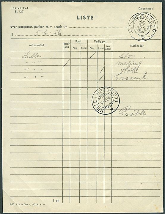Postverket blanket 127 Liste m. kronet posthornstempel D/S “Høgsfjord I” og sidestemplet Helle i Høgsfjord d. 5.6.1956.