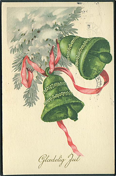 10 øre Bølgelinie og provisorisk brug af Julemærke 1950 på lokalt julekort i København d. 23.12.1951. Julemærke 1951 blev udsolgt inden juleaften og restoplag af 1950 blev solgt på posthusene indtil et nyt oplag kunne leveres.
