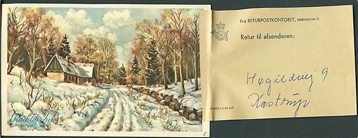30+10 øre Spejderjubilæum og Julemærke 1963 på julekort fra København d. 23.12.1963 til Søborg. Retur som “Ubekendt efter adresse” med vignet P4007a (1-59 A7) fra Returpostkontoret til Kastrup.