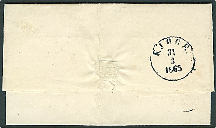 Kro-post. 4 sk. Krone/Scepter (mgl. hj.tak) på brev med nr.stempel “1” og sidestemplet Kiøbenhavn KB d. 31.3.1865 til Gjæstgiver Pedersen på Ströbye Kro pr. Kjøge. Strøby Kro var brevsamlingssted 1852-1879.