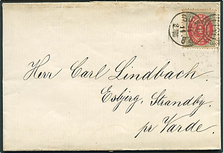 Kro-post. 4 sk. Tofarvet på brev med fortrykt papir fra Esbjerg Havneanlæg Hovedcontoiret i Kjøbenhavn annulleret med kombineret nr.stempel “181”/Sjæll.P.B. d. 14.11.1872 til Esbjerg, Strandby pr. Varde. Esbjerg blev betjent af brevsamlingsstedet på Strandby Kro fra 1866 til 1874. 