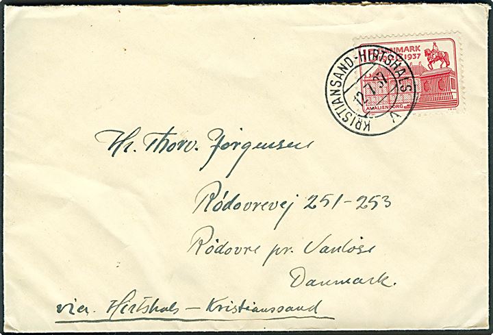15 øre Regentjubilæum på brev annulleret med norsk skibsstempel Kristiansand - Hirtshals A d. 12.7.1937 til Rødovre, Danmark. Meget smuk annullering.