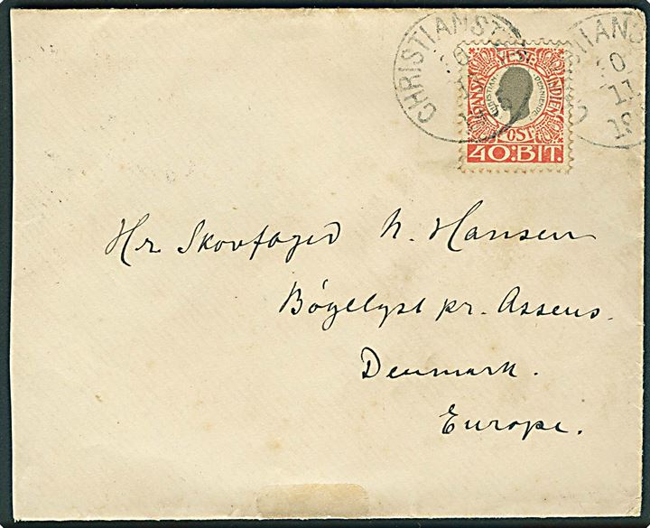 40 bit Chr. IX single på brev fra Christiansted d. 10.11. 1905 via St. Thomas d. 3.12.1905 til Bøgelyst pr. Assens, Danmark. Ank.stemplet Assens d. 28.12.1905.