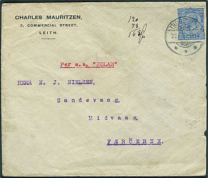 Engelsk 2½d George V på skibsbrev fra Leith, Scotland annulleret med brotype Ig Thorshavn d. 23.4.1914 til Sandevaag pr. Midvaag på Færøerne. Påskrevet: Per S/S “Holar”. Let skåret i højre side.