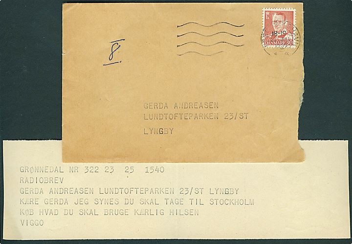 30 øre Fr. IX på lille radiobrevs kuvert fra Frederikshavn d. 26.7.1955 fra Flåderadio Frederikshavn til Lyngby. Indeholder Radiobrev formular med meddelelse afsendt fra Flådestation Grønnedal på Grønland. Sjælden.