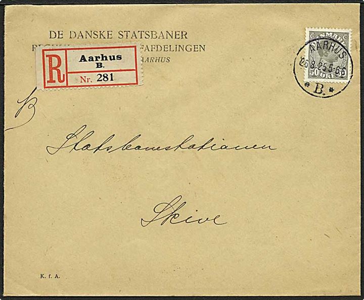 50 øre Chr. X single på anbefalet brev stemplet Aarhus *B* d. 26.8.1925 til Skive.