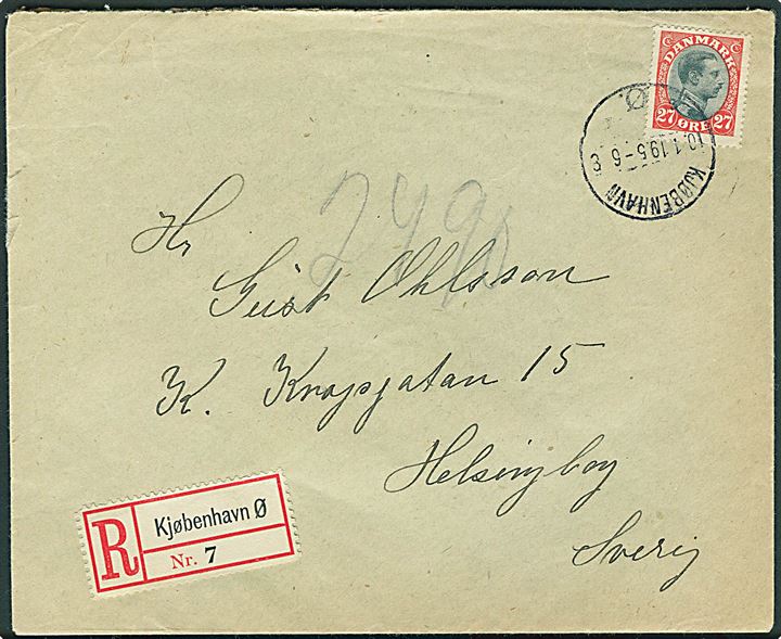 27 øre Chr. X single på anbefalet brev fra Kjøbenhavn Ø. d. 10.1.1919 til Helsingborg, Sverige. Kort takstperiode (1.6.1918-30.6.1919). Smukt brev. AFA: 2600,-