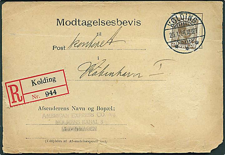 20 øre Chr. X single på Modtagelsesbevis sendt anbefalet fra Kolding d. 26.1.1924 til København. Meget sjælden formular. 