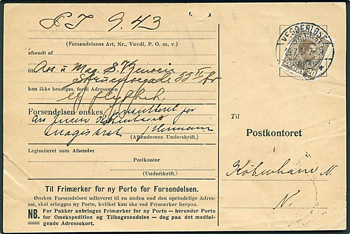 20 øre Chr. X på svar på forespørgsel vedr. uanbringelig pakke fra Nørrebro Postkontor stemplet Væggerløse d. 29.7.1924 til København N. 