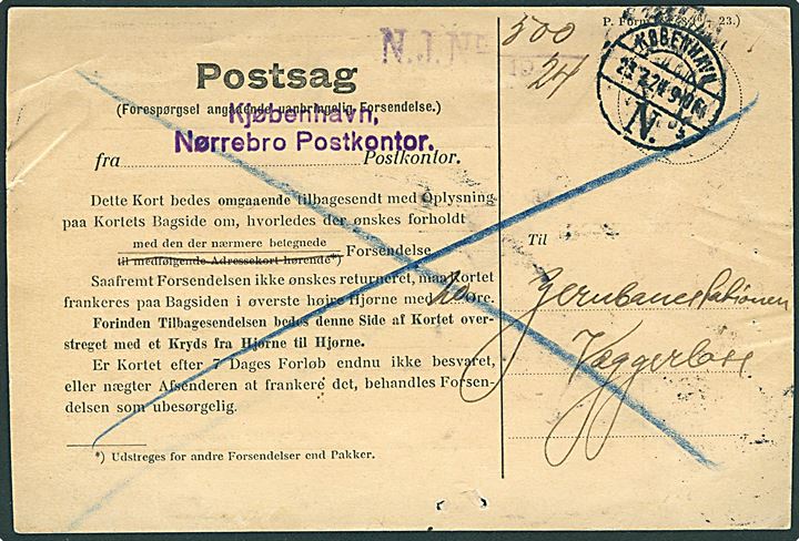 20 øre Chr. X på svar på forespørgsel vedr. uanbringelig pakke fra Nørrebro Postkontor stemplet Væggerløse d. 29.7.1924 til København N. 
