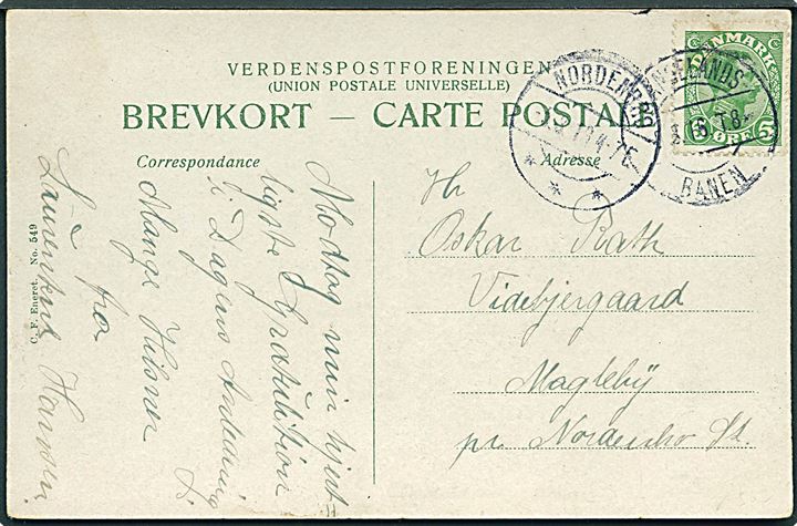 5 øre Chr. X på brevkort annulleret med bureaustempel Langelands-Banen T.8 d. 5.3.1916 og sidestemplet Nordenbro d. 5.3.1915 til Magleby pr. Nordenbro St. 