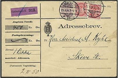 10 øre (2) og 15 øre Våbentype på 35 øre frankeret adressebrev for pakke med opkrævning fra Kjøbenhavn B. d. 29.3.1904 til Skive.